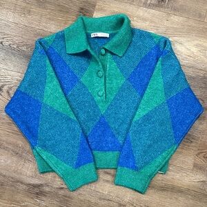 Zara Green and Blue Argyle Sweater